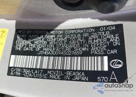 2004 Lexus Es 330 из США, поврежденный, VIN JTHBA30G945027659